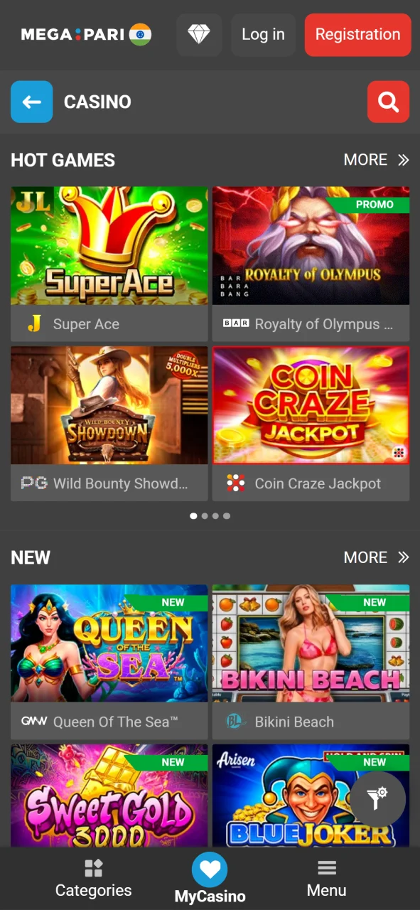 All casino games section in Megapari app.