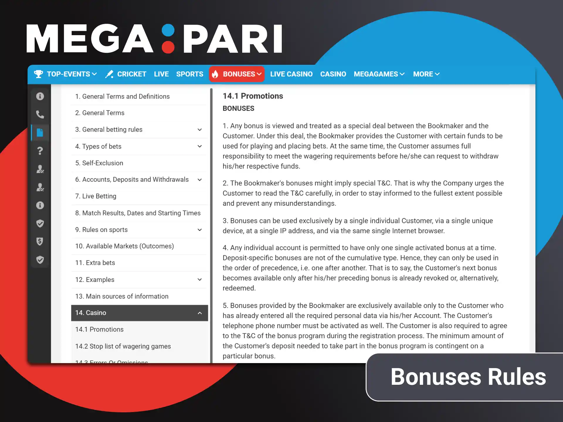 Read the rules for bonuses on Megapari.