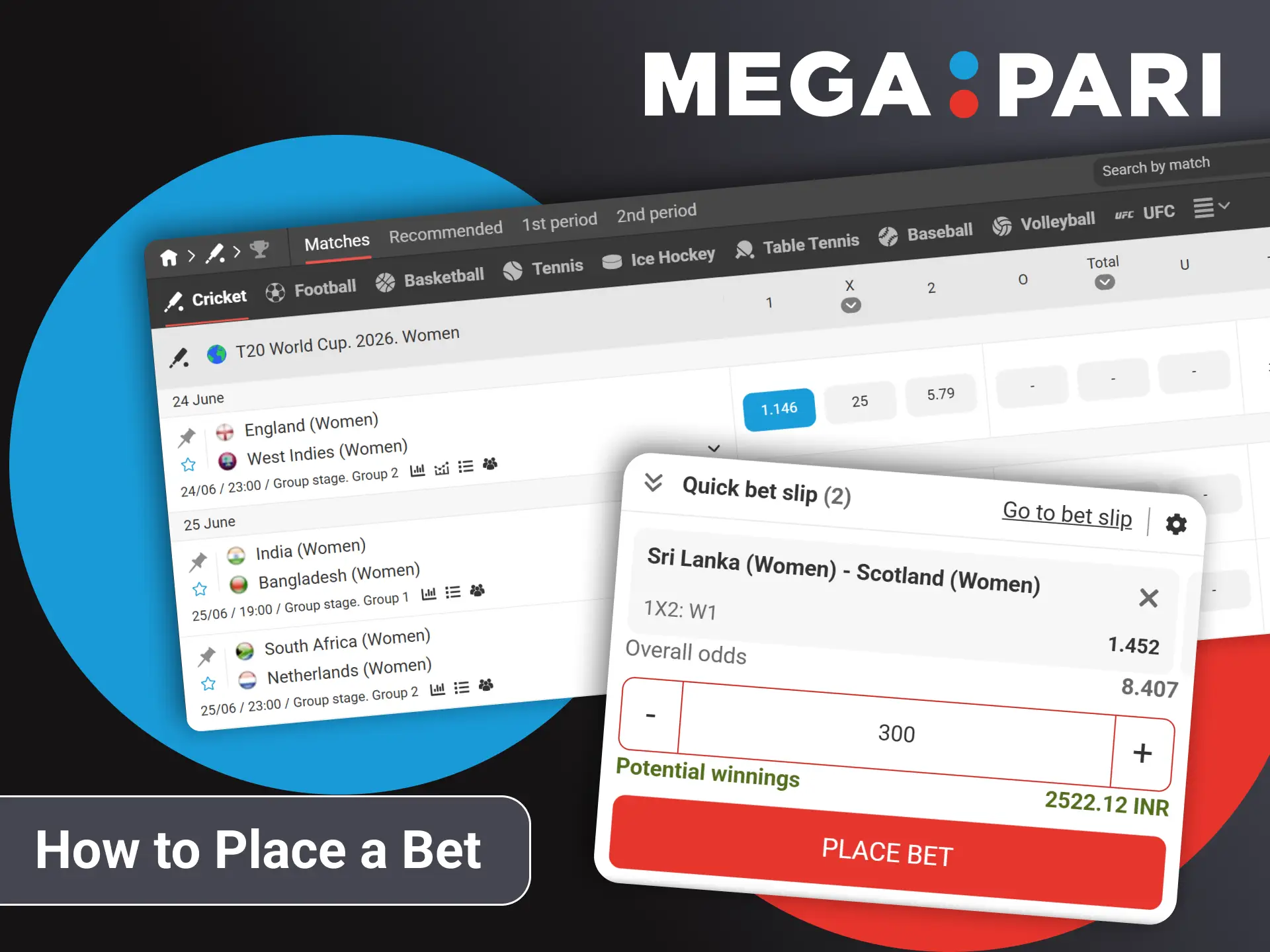 To bet on cricket, you need to go to the desired section of the Megapari website.
