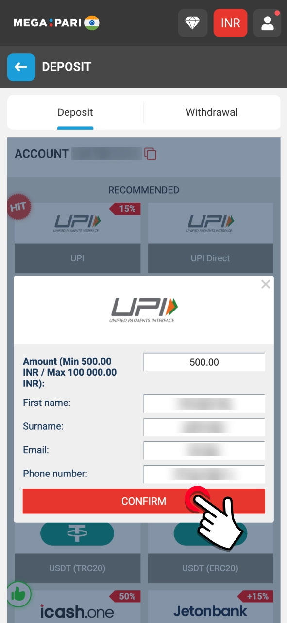 Confirm your payment details and complete the deposit securely.