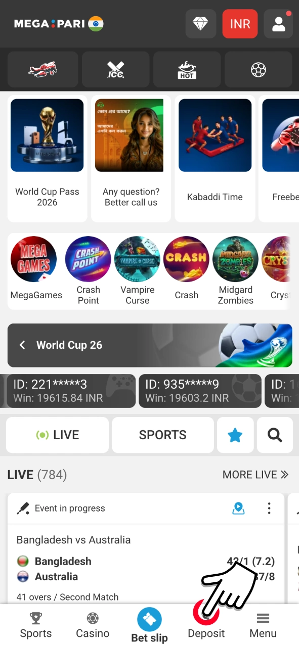 Navigate to the deposit section and explore available payment methods.