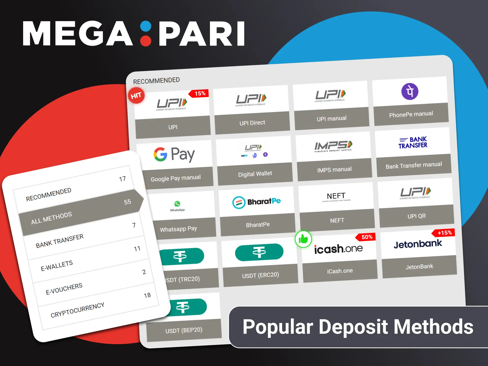To make a deposit to Megapari, use the most popular payment methods in India.