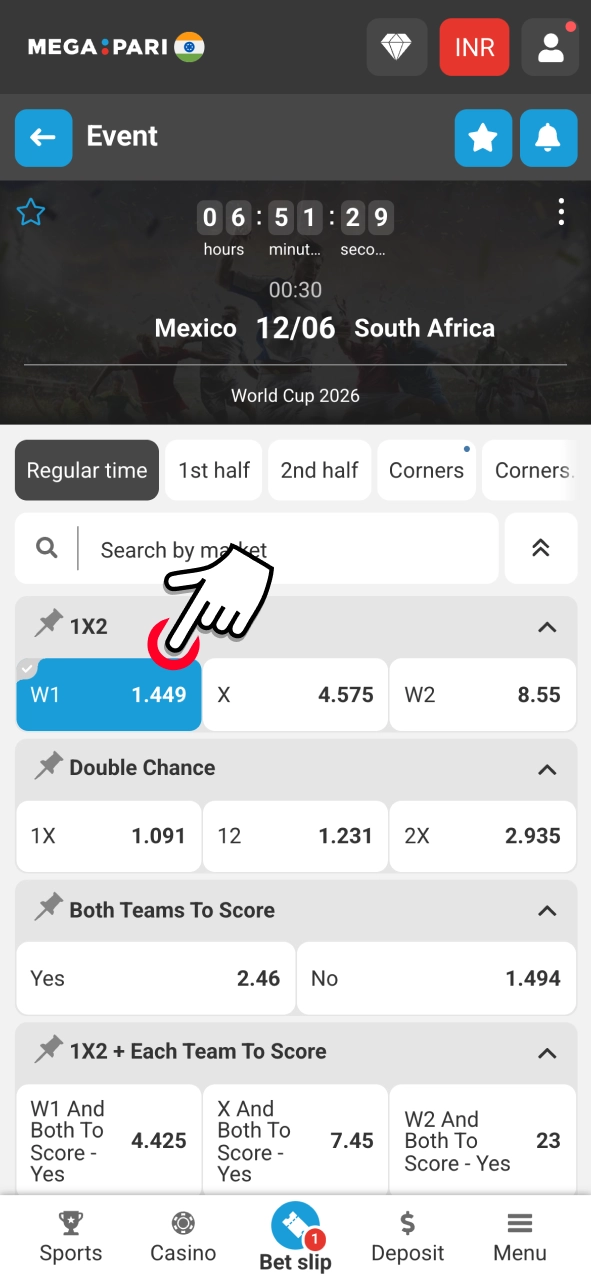 Pick Megapari odds that match your prediction and build your bet slip.
