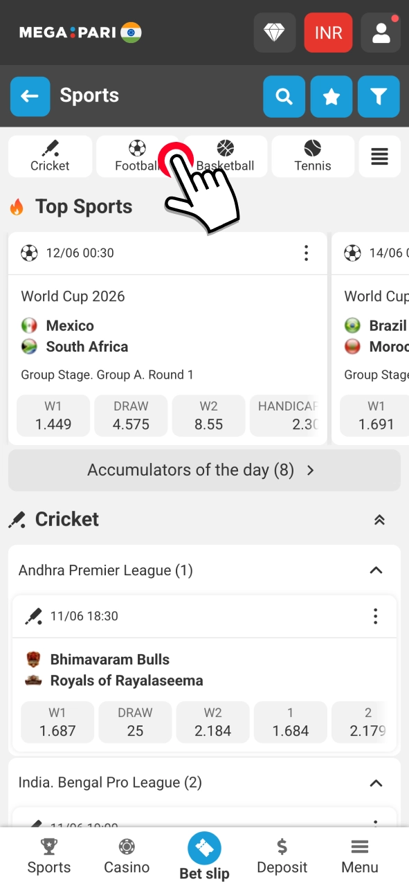 Browse the Megapari sportsbook and access a wide range of competitions.