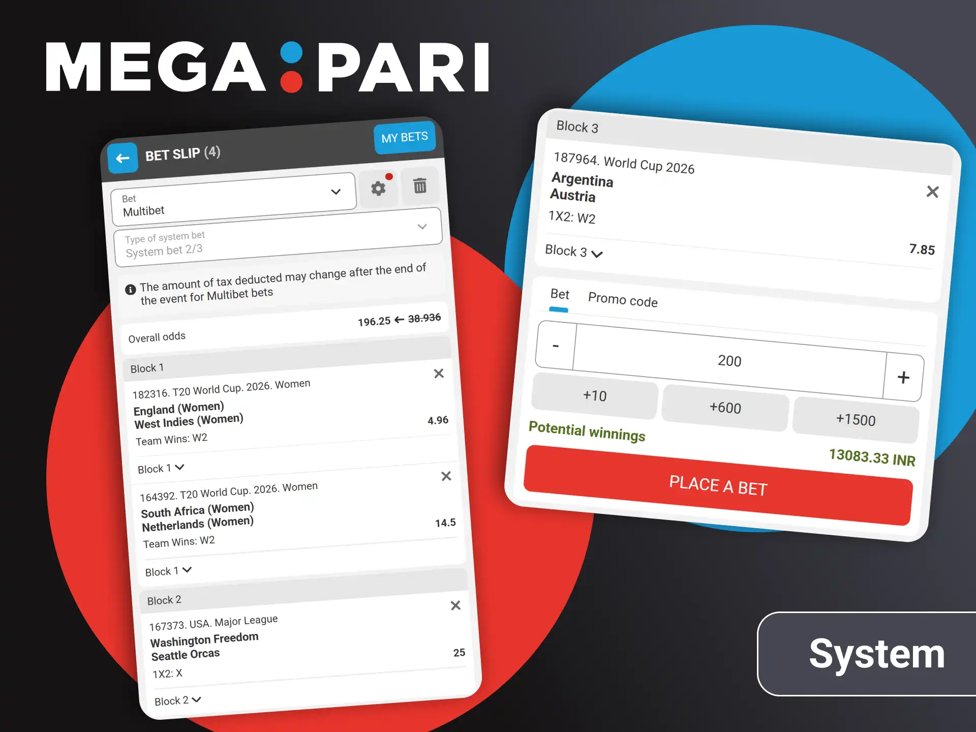 Build complex multibet system slips using official Megapari sportsbook.