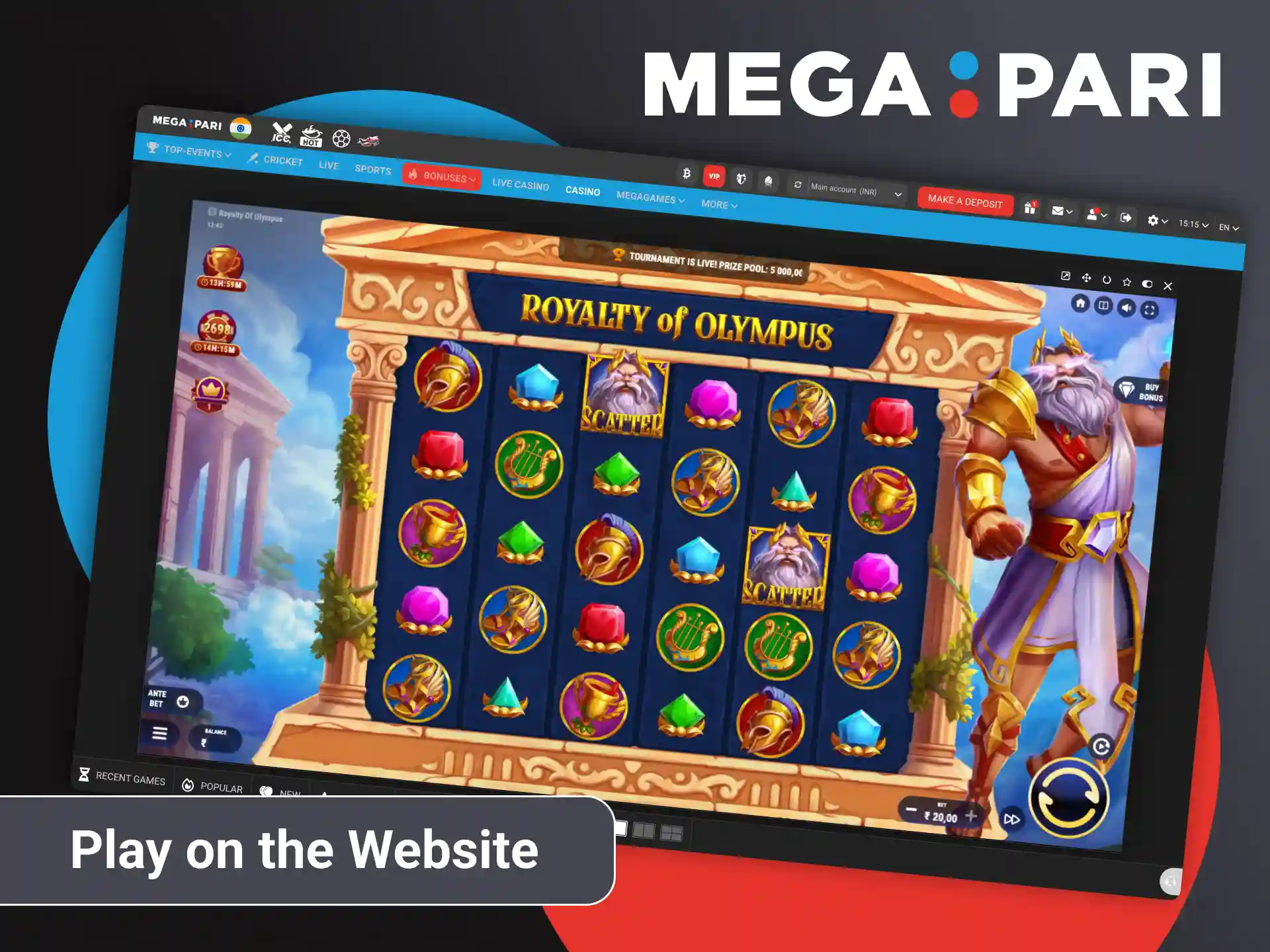 Play on the official Megapari website without downloading any software.
