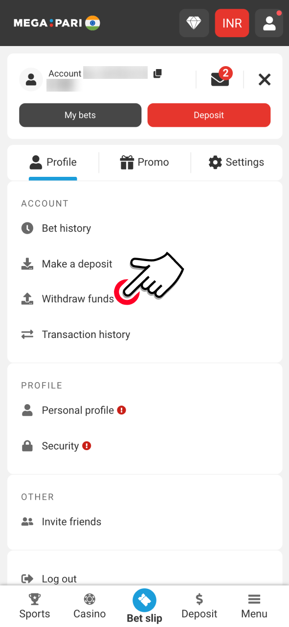 Access your account cashier and start a secure withdrawal request.